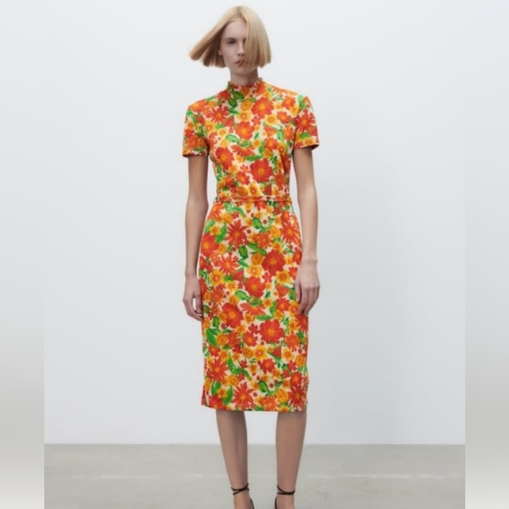 ZARA WOMAN DRESS JACQUARD BELT DRESS ORANGE SIZE M